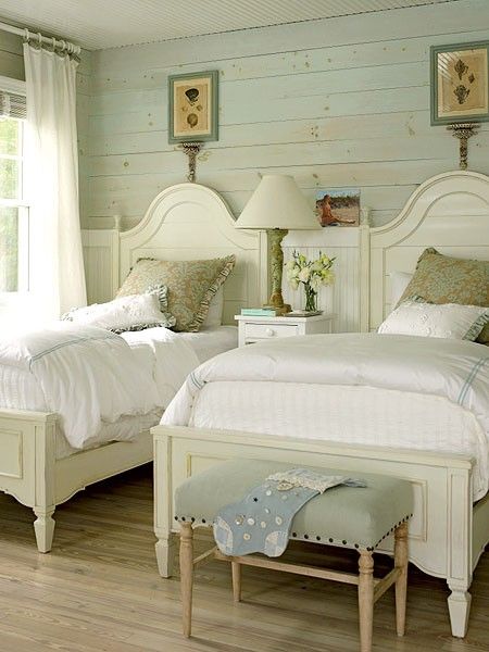 My most pinned pin: aqua tinted shiplap horizontally on the walls, painted twin...