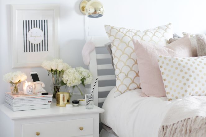 Pink, gray,  and white bedroom