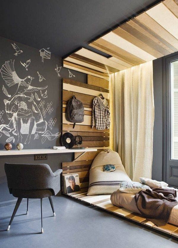 This wood paneling looks pretty and modern; I like the cream against the wood co...