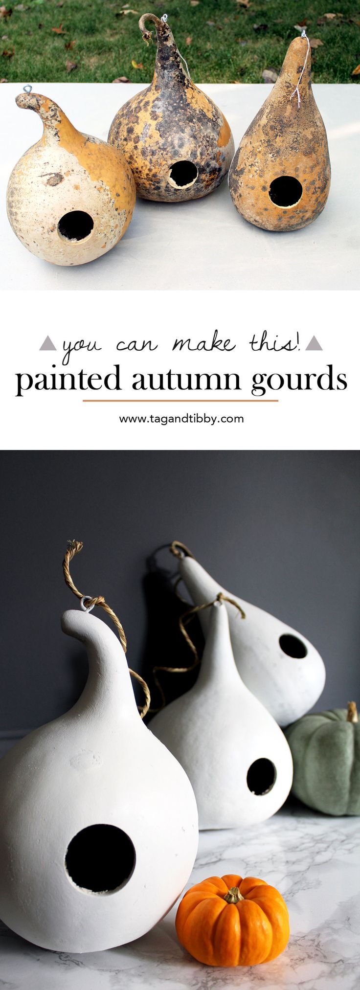 add style to your autumn gourds with white paint + grass string