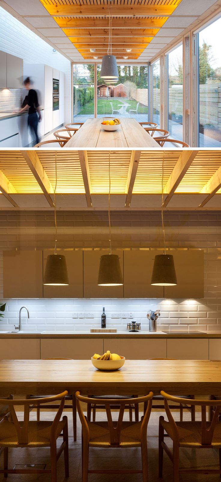 At night, this modern house extension is lit up with concealed LED strips that a...