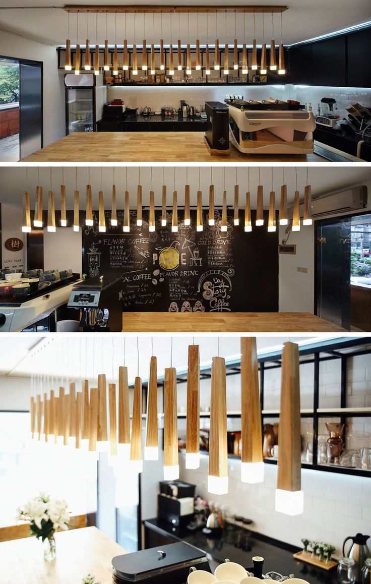 Hanging above the service bar in this modern coffee shop is an artistic lighting...