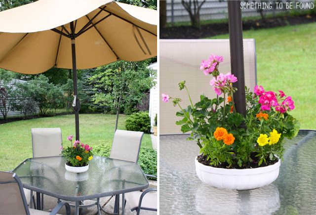 Use a bundt pan as a planter for a table with an umbrella.  Love!!