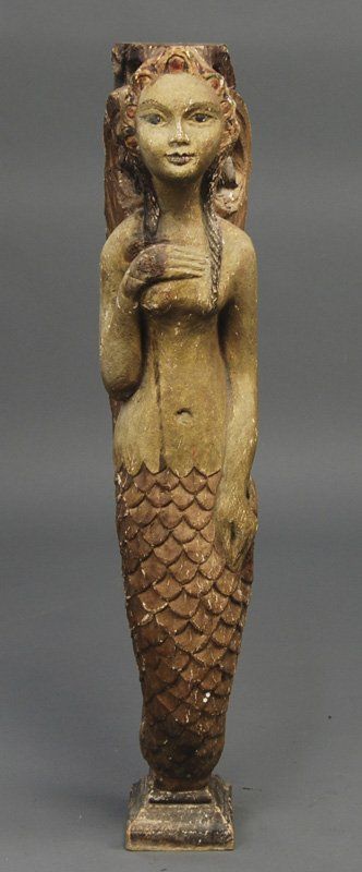 Old Carved Wood Decorated Folk Art Mermaid Figure