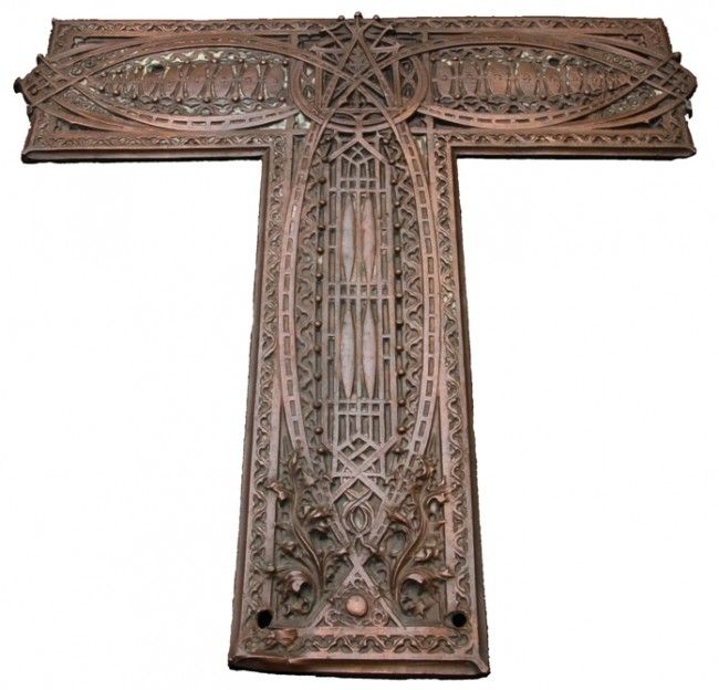 Remarkably rare and highly sought after authentic interior louis sullivan-designed chicago stock exchange building elevator grille stamped copper t-plate