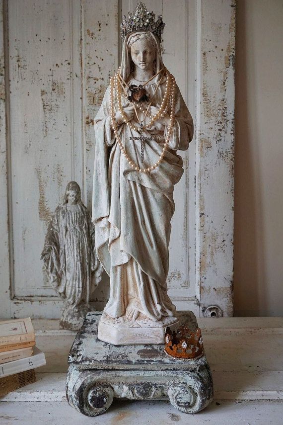 Virgin Mary statue shabby French Nordic white with pale blue large Madonna figure w/ antique wood pillar cottage decor anita spero design