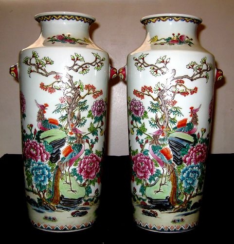 A Pair of RARE Phoenix Qing Period Chinese Famille Rose Antique Vases | eBay