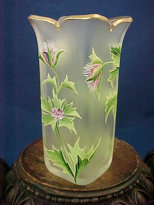 Antique Bohemian Satin Cut Hand Painted Enamel PURPLE CLOVER Art Glass Vase