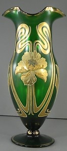 Bohemian Art Nouveau Green Glass Vase Goldtone Floral Overlay