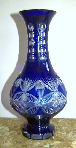 Bohemian Crystal Vase Cobalt Blue Cut to Clear Ground Top