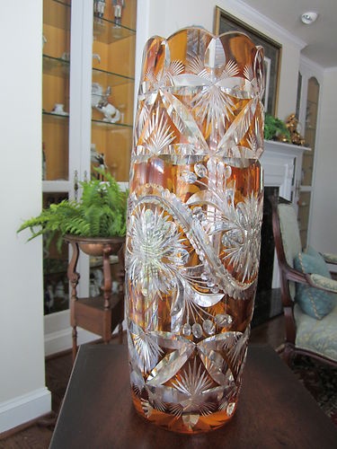 Bohemian Czech Deep Amber Crystal Vase.
