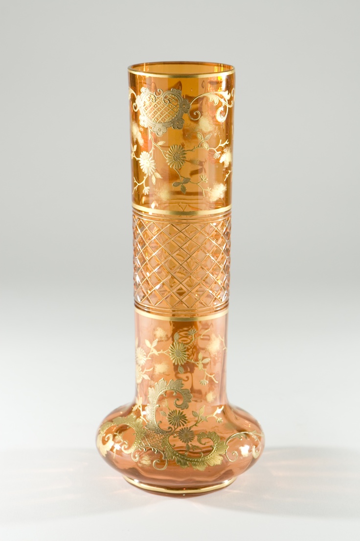 French Hand-blown Apricot Crystal Vase with Raised Paste Gold ca. 1920's.