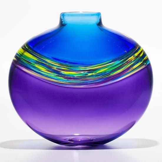 Transparent Banded Vortex Vase in Cerulean Cool Lime and Grape by Michael Trimpol and Monique LaJeunesse (Art Glass Vase