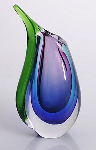 Hand Blown Purple, Blue, & Green Sommerso Teardrop Art Glass Vase