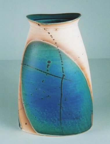 John Kershaw |  Flattened vase, blue stoneware.