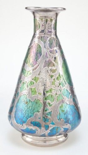 LOETZ GLASS VASE WITH SILVER OVERLAY   Blue glass with art nouveau floral silve...