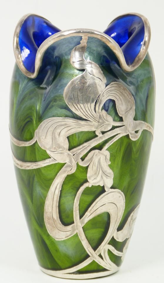 Loetz Titania Green Art Glass Vase with silver overlay ~ early 20th century, art...