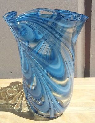New 11 Hand Blown Glass Murano Art Style Vase Blue Handkerchief Ruffle Fluted