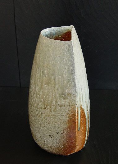 Nishihata Tadashi Tilting Tanba vase with moon-shaped opening and natural drippi...