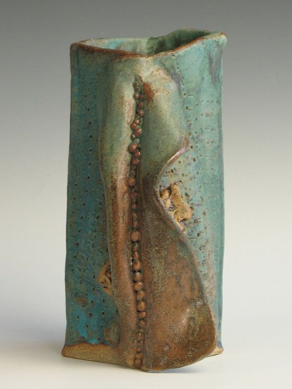 Turquoise stoneware box vase with 2 imps on Etsy, $95.00
