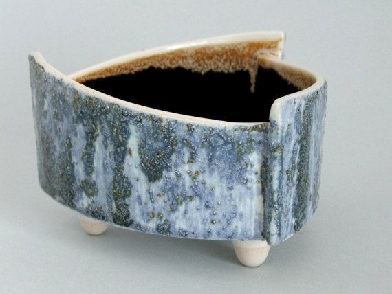 Yamasan Art Pottery Japan Brutalist Ikebana blue flower vase or Bonsai planter m...