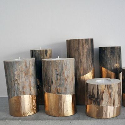 DIY Gold-dipped painted log candles.