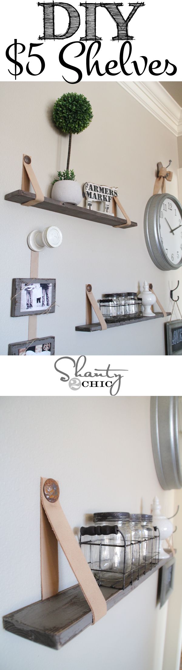 Easy $5 shelves with leather straps! This is so cool! Love!