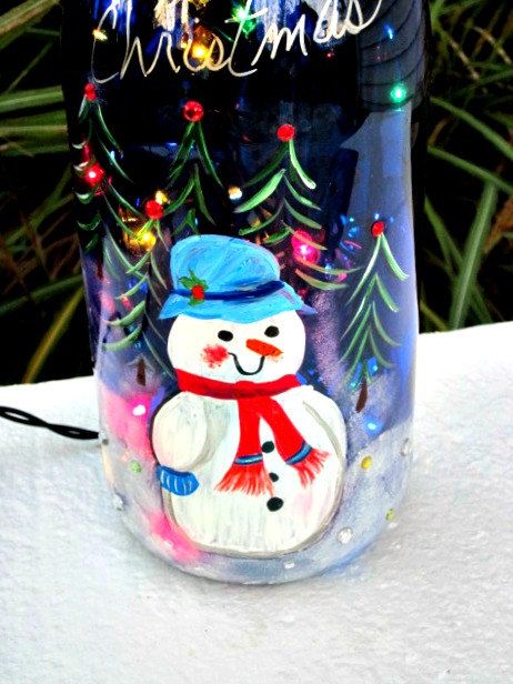 Christmas Painted Wine Bottles | Christmas Snowman Wine Bottle Light Recycled Bl...
