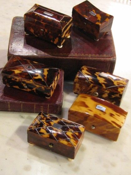 A collection of delightful tortoise shell snuff boxes.