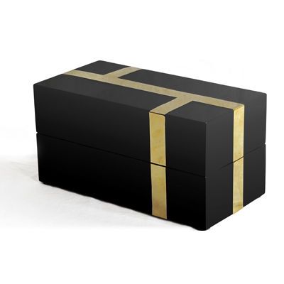 Black lacquer box with intersecting segments of brass inlay detail. #accessories...