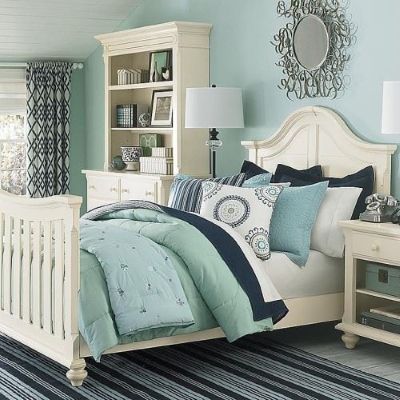 Good color palettes start with a feeling. Blue hues bedroom.