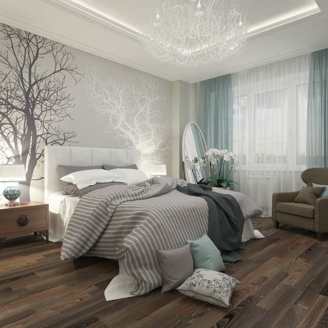 Gray, white, and blue bedroom