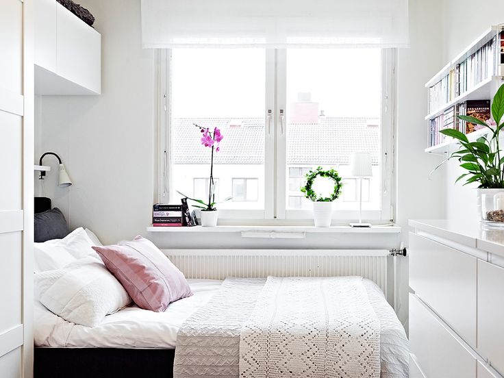 small bedroom - build shelf with light over the bed, curate the windowsill, put ...