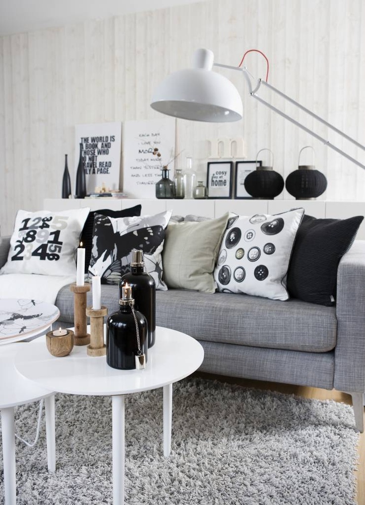 grey tones combined with white and black in living room
