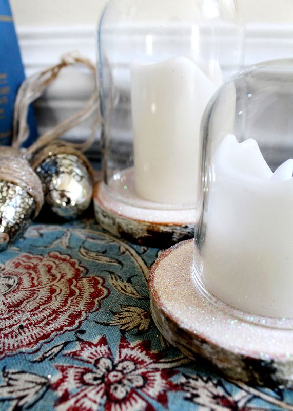 Create Your Own Holiday Birch & Glitter Cloches Using Wood Slices