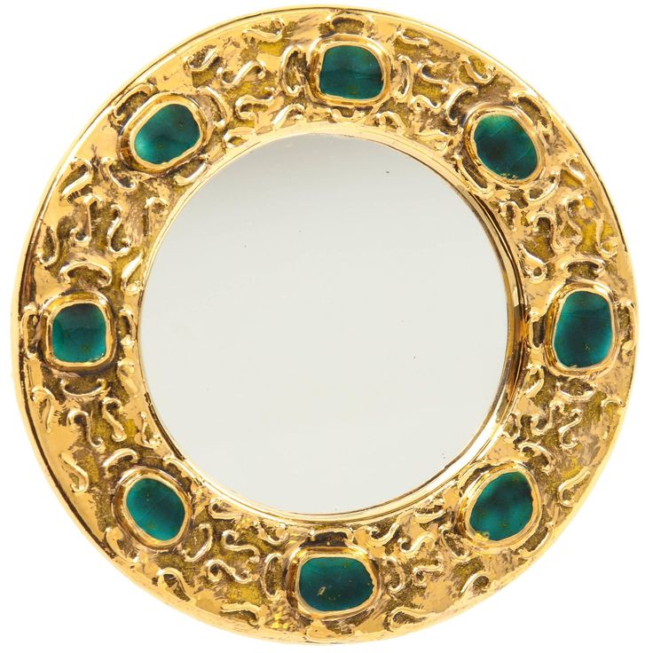 Francois Lembo Ceramic Mirror Gold Emerald Green Jeweled Signed, France, 1970s |...