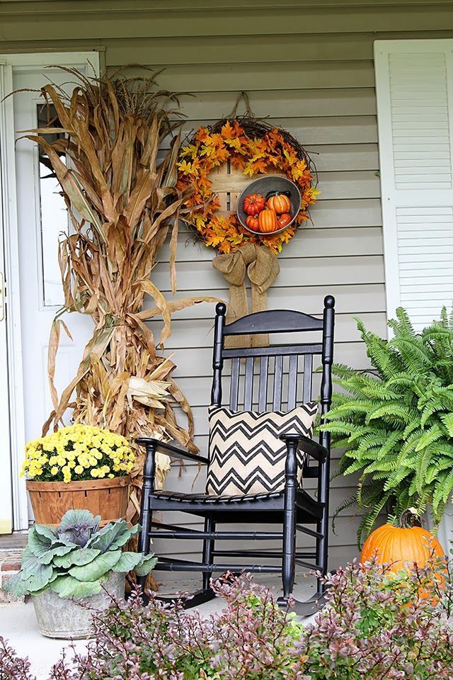 Fall porch decor with cornstalks, DIY wreath, and chevron pillows @ houseofhawth...