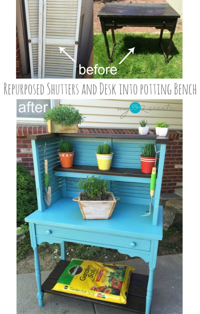 Make an awesome Potting Bench From Repurposed shutters and a Desk, MyLove2Create