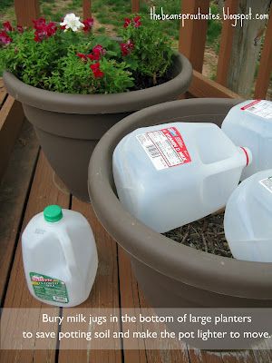 use empty milk cartons to fill up space in large pots.. so you dont have to use ...