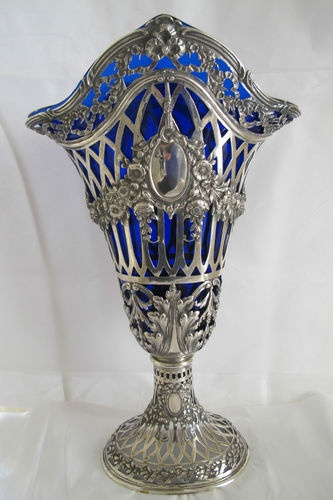 800 Silver Antique Vase with Original Blue Glass Liner Tall Very Beautifful | eB...