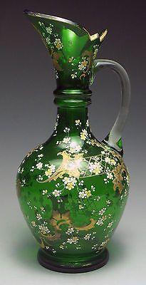 Antiguo 19th Century Moser Jarra De Cristal De Bohemia Checo Esmaltado Verde | C...