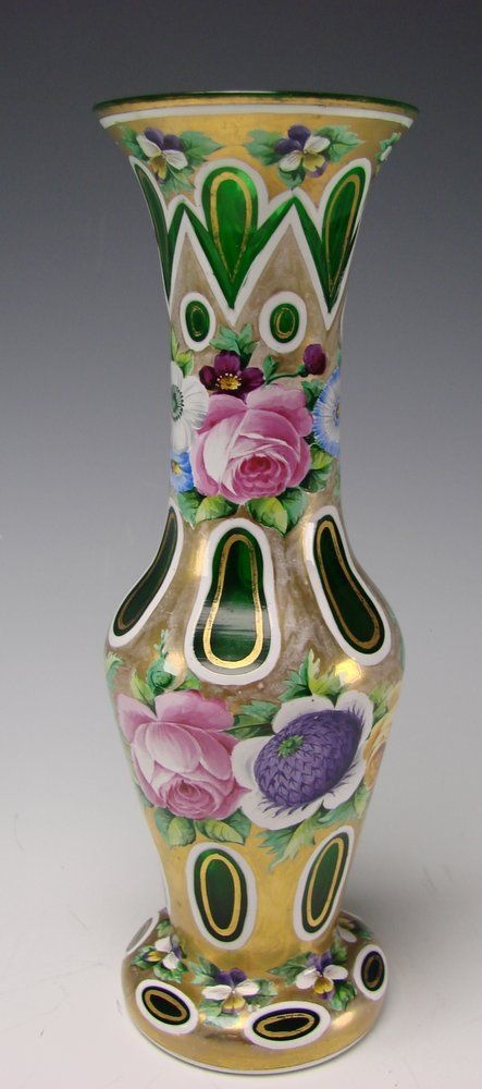 Antique Bohemian Josephinenhutte Hand Painted Flowers And Gilt Glass Vase  c.190...