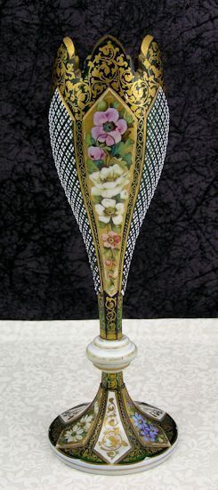 Antique Moser Harrach Bohemian Green Cut to Clear Enameled Glass Vase