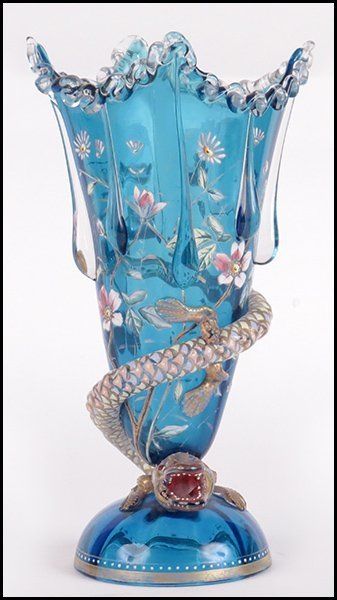 Blue Moser enamel and gilt glass vase with winding salamander decoration. by cri...
