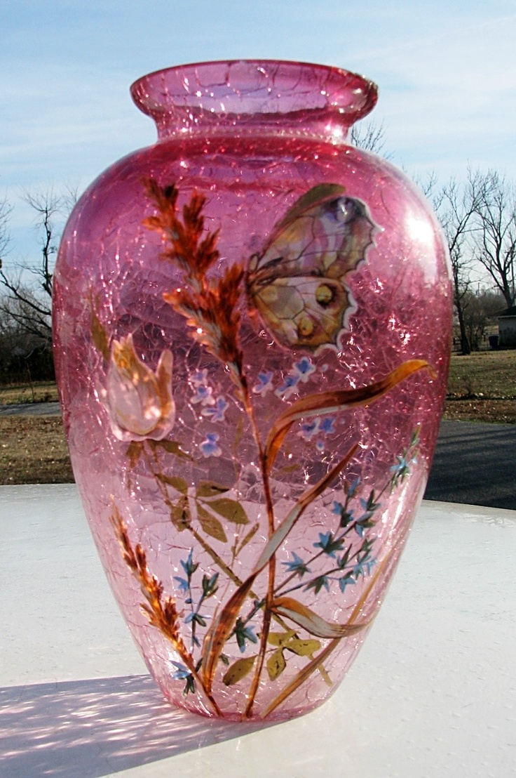 Moser Cranberry Crackle Glass Vase with Butteryfly and Seaweed or Plants