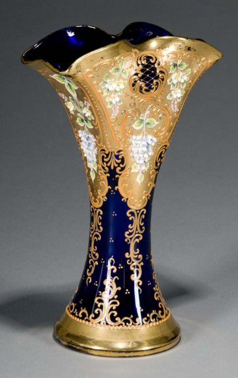 Moser Enameled Cobalt Blue Glass Vase. circa 1920
