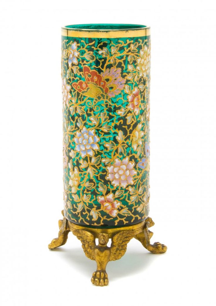 A Moser Enameled Emerald Glass Vase, Height 7 7/8 inche