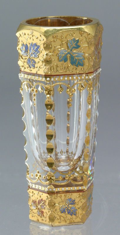 Moser glass cordial decorated with gilt bands