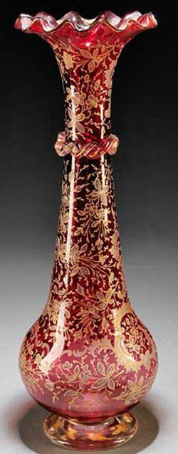 Moser Glass; Vase, Cranberry, Trumpet Form, Flared & Ruffled Lip, Enameled Acant...