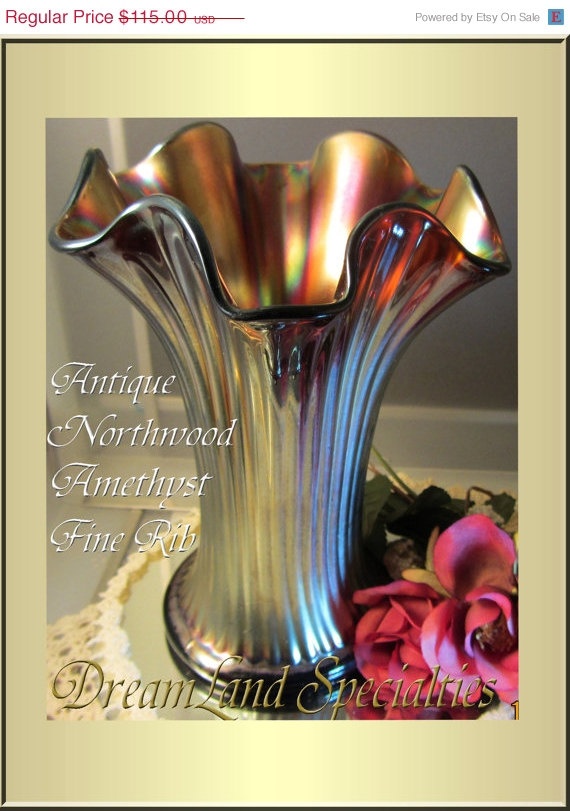 Northwood Antique Vase Fine Rib Iridescent Amethyst Marked 'N'